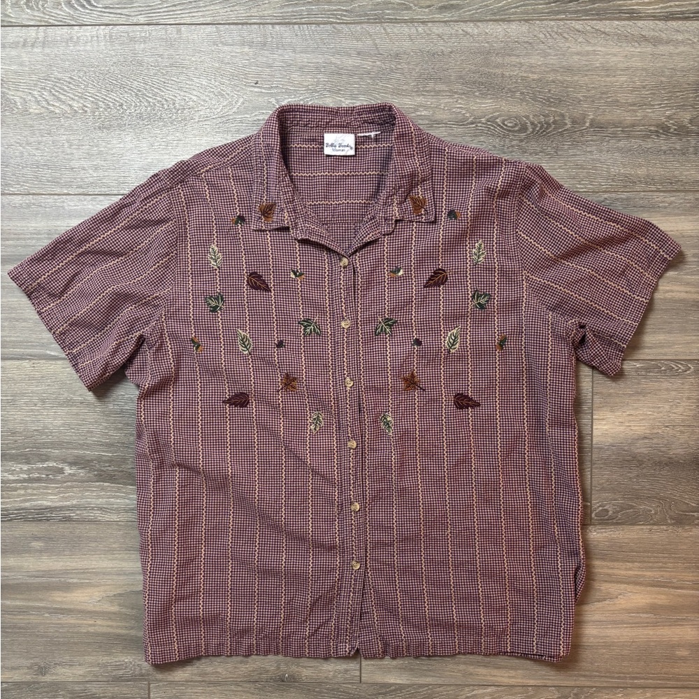 Bobbie Brooks Purple Tan Gingham Embroidered Leaves Short Sleeve Button Up Shirt